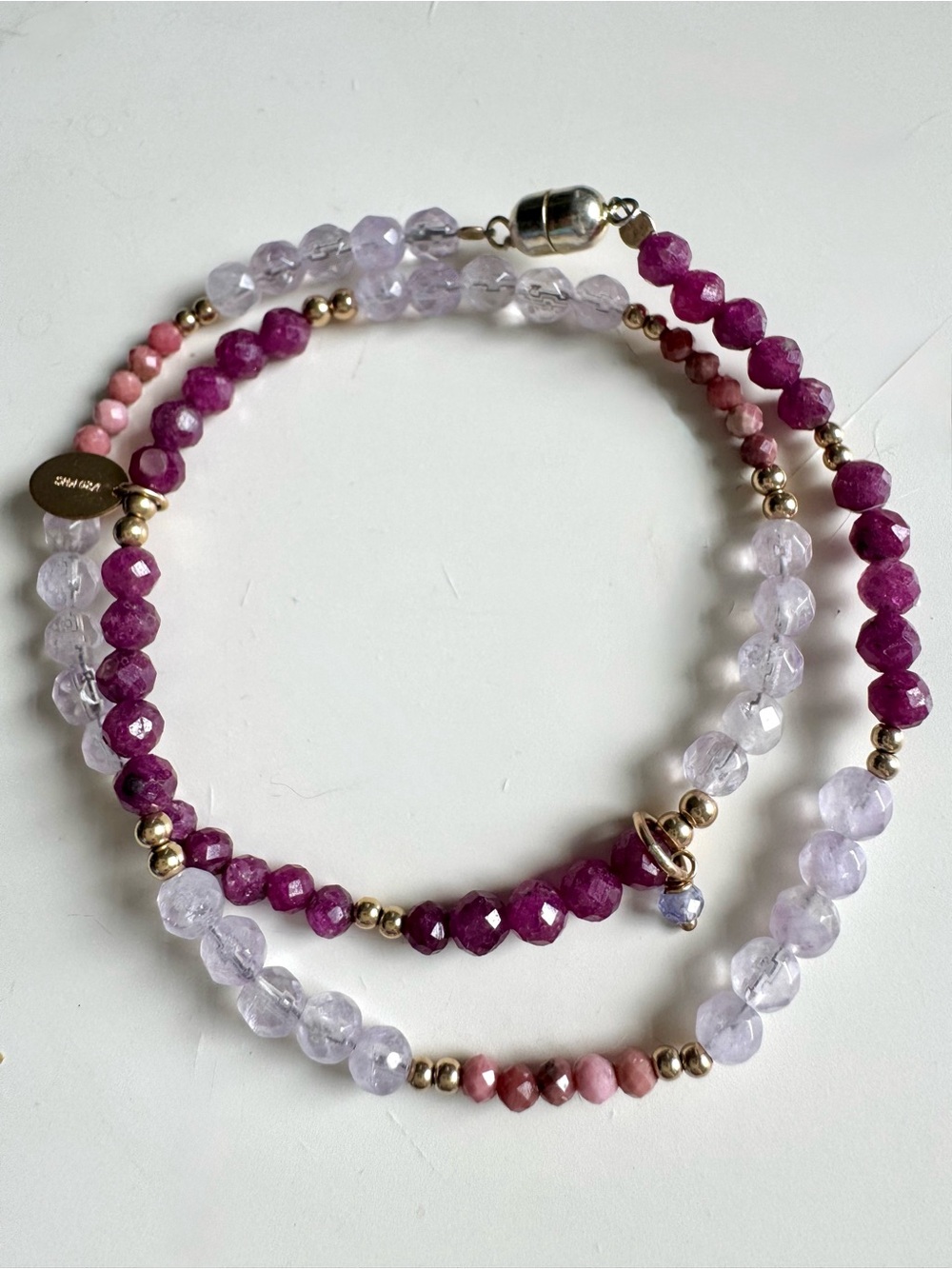 Dainty Semi Precious Ruby, Kunzite, Sunstone & Gold Filled Double Wrap Bracelet